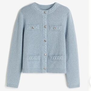 H&M Pale Blue Knit Silver Button-Front Cardigan with Pocket Details NWOT Large